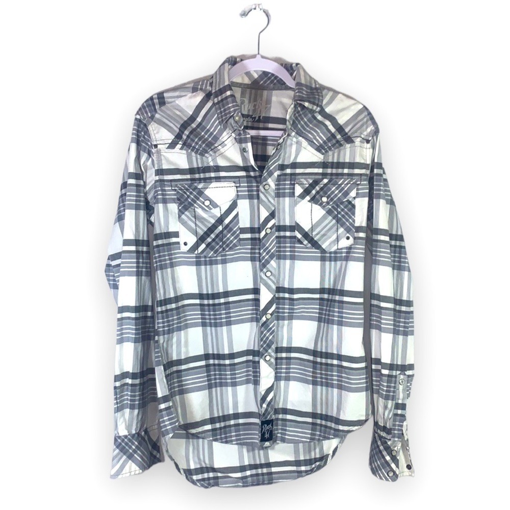 Rock 47 Wrangler Gray White Plaid Western Pearl Snap Shirt Long Sleeve Small - Picture 1 of 9